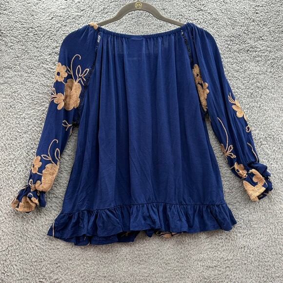 LIV Los Angeles Medium Blue Long Sleeve Blouse Floral Embroidery Boho - Picture 7 of 9
